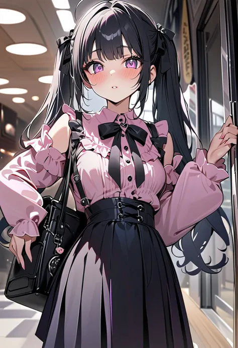 high res image,masterpiece,best quality,girl,cute face,clear skin,shiny hair,ultra detailed eyes,  jirai kei, black hair, bow, twintails, bag,pink shirt,black skirt,ahoge