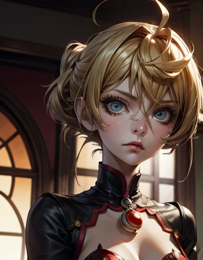 A thin woman, with strawberry blonde hair. She has amber eyes, a nose and a thin mouth. Her hair is in wavy swavy curls. She is to appear in the style of the shingeki no kyiojin season 3 anime.