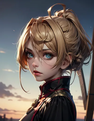 A thin woman, with strawberry blonde hair. She has amber eyes, a nose and a thin mouth. Her hair is in wavy swavy curls. She is to appear in the style of the shingeki no kyiojin season 3 anime.