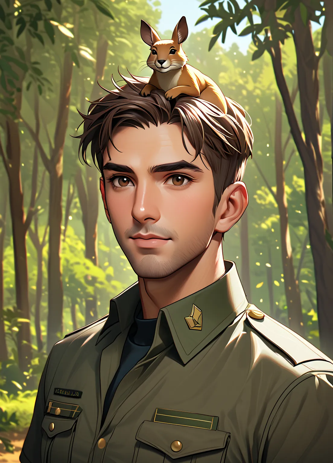 semi-realistic, digital artwork, detailed, high quality, male, human kangaroo hybrid. Handsome, olive skin, brown eyes medium-brown hair. Wearing a forest ranger uniform, in front of a slightly out of focus forest background. He looks friendly and approach...