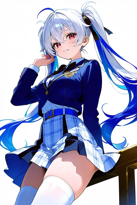 MASTERPIECE, BEST QUALITY, ULTRA DETAILED, HIGH DEFINITION, ILLUSTRATION, HYPER DETAILED, ALONE, 1girl, slender, medium breasts, platinum white hair, dark red eyes, long hair, high ponytails, sides tied with black ribbon. Outfit: navy blue blazer jacket, w...