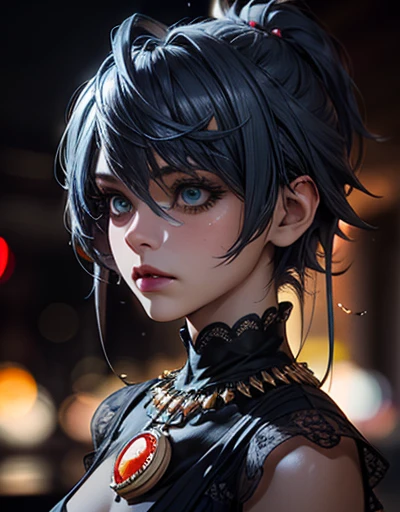 masterpiece, best quality,3D rendering work ,3DMM style,3D,1 Girl, Dynamic angle, Colorful hair, Blue Hair, Black Hair, necklace, freckle, jewelry, Two-tone hair, look to the side, Practical, Bangs, Look away, short hair, parted Lips, Beautiful eyes, Lips,...