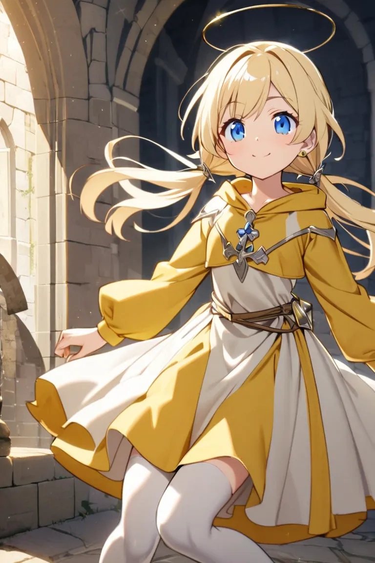  a girl, Angel,  medieval clothing, Yellow hoodie, alas,  long white stockings,  knee-length dress reinforced , mirada Angelical, sweet smile,  floating in the air , extending your handsStraight bangs ,  Shiny hair,  low twin tails ,  earrings, blue eyes, ...