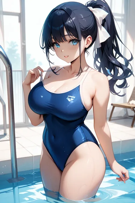   high definition　 beautiful girl　   black hair　  ponytail over panties 　white ribbon scrunchies　   navy blue school swimsuit 　 very big breasts　 popup　 big breasted　  pool