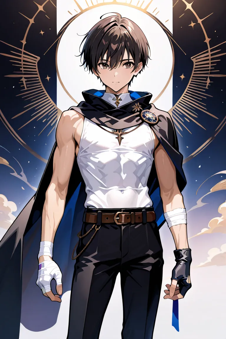 MASTERPIECE, BEST QUALITY, ULTRA DETAILED, HIGH DEFINITION, ILLUSTRATION, HYPER DETAILED, ALONE, 1boy, slim, toned, short black hair, dark brown eyes. Outfit: black pants, brown belt, white shirt, sleeveless shirt, black cape, bandages on left hand, finger...