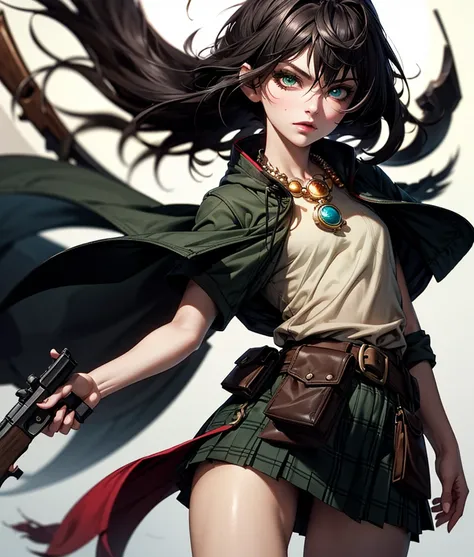 masterpiece, best quality,  dmc3lady, scar, heterochromia, shirt, plaid skirt, necklace, pouch, cowboy shot,  gunatyou, gun, aiming at viewer, holding gun, furrowed brow 