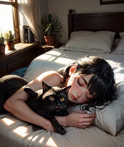 sleeping girl、A girl who sleeps well、Cute sleeping face、ベッドの上で sleeping girl、One black cat、A black cat that sleeps on a girl 、 a black cat that sleeps on a girl、 Morning Sun 、A beautiful room with a window 、Cactus、 succulents