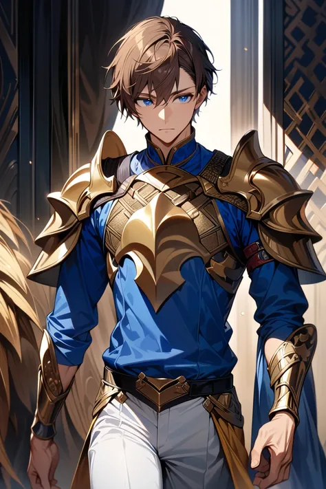 MASTERPIECE, BEST QUALITY, ULTRA DETAILED, HIGH DEFINITION, ILLUSTRATION, HYPER DETAILED, ALONE, 1boy, thin toned, medium-short hair, brown hair, blue eyes. Outfit: white pants, blue shirt, golden semi-armor, arm, loin and shoulder protectors.