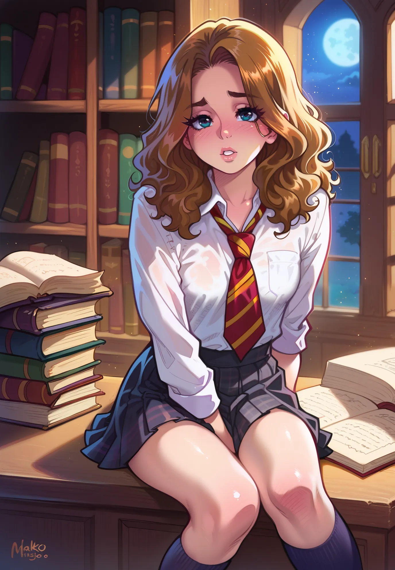 Made by melkor mancin, 1girl, solo, Hermione Granger, Harry Potter, shy, hogwarts school uniform, parted lips, naturally sagging small breasts, blush, pulling up skirt, sitting on a desk, sexy pose, BREAK, magical study filled with bookshelves, (night time...