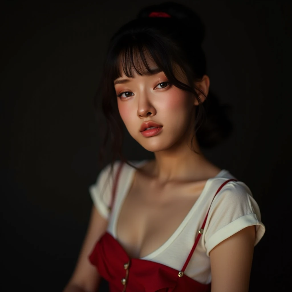 a sexy woman with back hair tied in a bun , bangs, corean pin up girl, wearing a pin up style dress, rock style, white t-shirt, 80s style, red lips, beautiful detailed eyes, beautiful detailed lips, extremely detailed face and skin, elegant, graceful, sens...