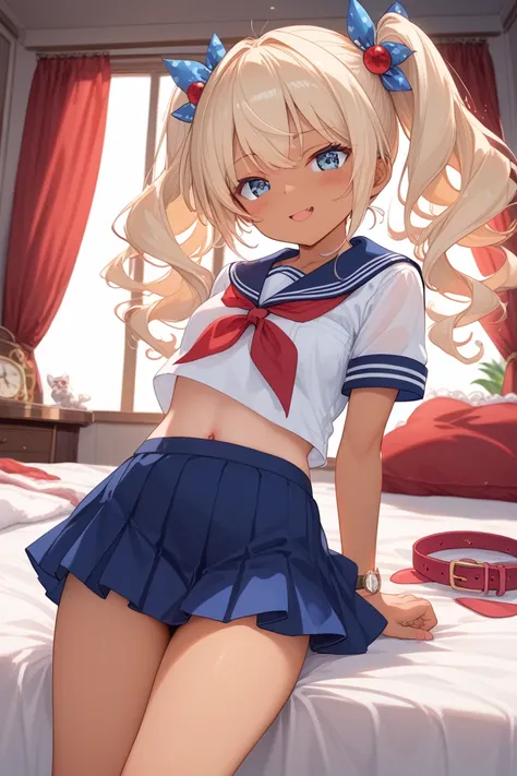 ,1деINушка,One, mini skirt,twintails,Dark_skin,tan,коричнеINый_INолосы,long_INолосы,Sailor_одеINаться, down ,blushes,коричнеINый_eyes,без рукаINоIN,hIN, striped , watch _IN_ viewer ,туфли на INысоком каблуке, hip strap ,(нсфIN), bedroom,лезет на кроINать