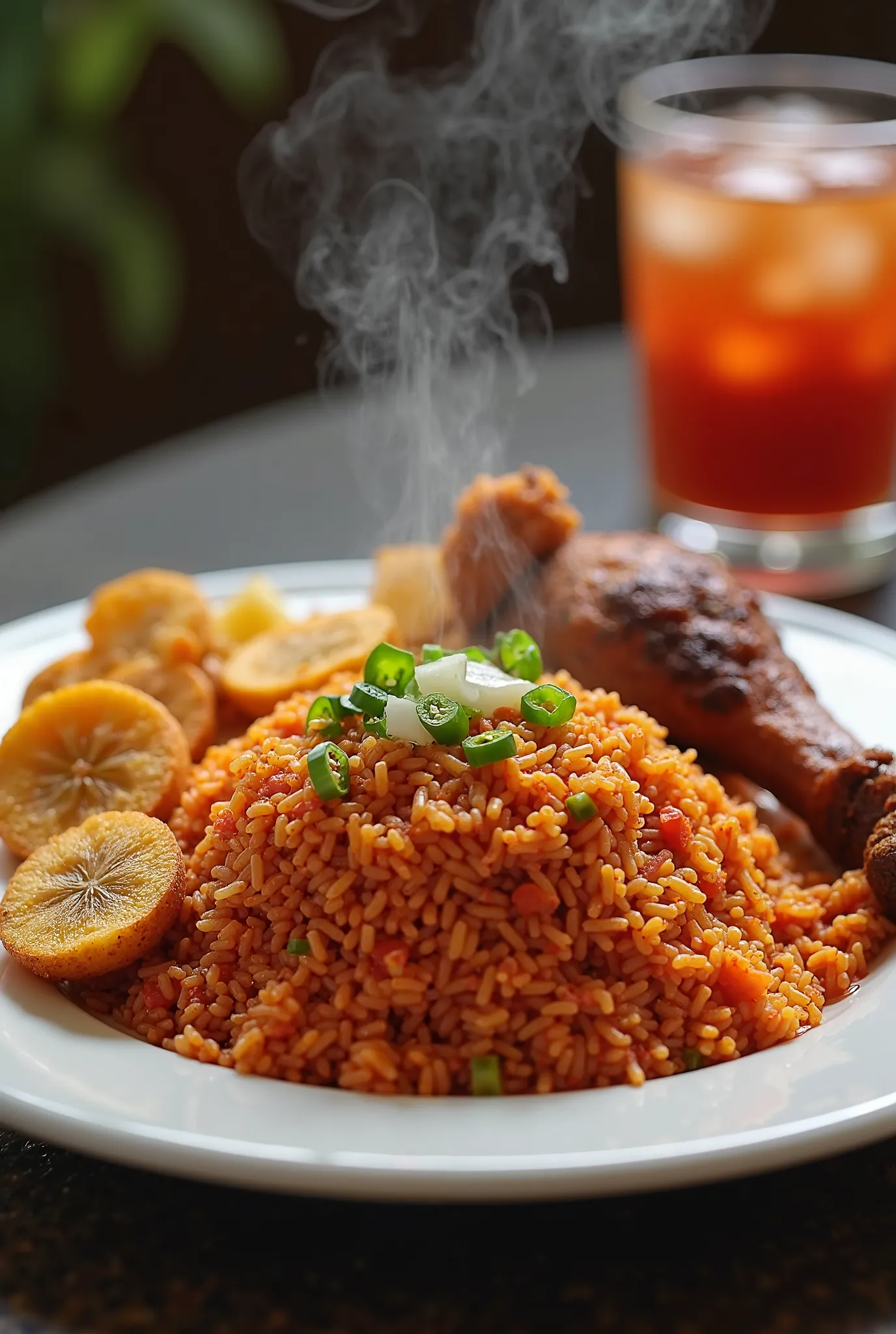 A steaming plate of Ghanaian jollof rice sits on a glossy white plate, its rich reddish-orange hue vibrant under soft lighting. Each grain glistens with flavorful tomato stew, garnished with chopped green peppers and onions. Crispy golden-brown fried plant...