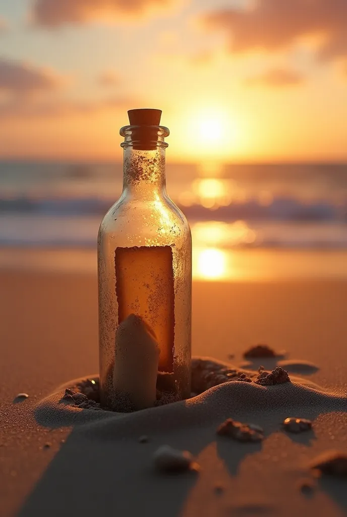 A bottle stranded in the sand with a piece of paper inside as the sun peeks over the horizon 