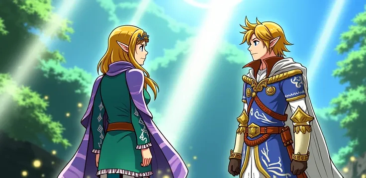 Anime King Link wearing a Massive popped collar with a collar so high it's taller than his head he's standing with his Queen Zelda