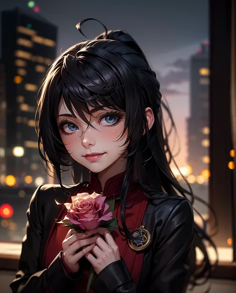 1girl, blush, smile, cute facial expression, long hair, looking away, embarrased, city in background, hetero, pov, giving her a rose, no physic contact, blurry background, light partciles, professional style, masterpiece 