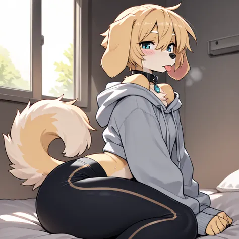 (Masterpiece, best quality:1.2), 1boy, femboy, day, feminine, dark lighting, detailed shadows, floppy ears, dog ears, dog furry, long sitting, sitting, pose, tongue out, looking at viewer, minimal clothing, medium thighs, medium ass, pale golden fur, very ...