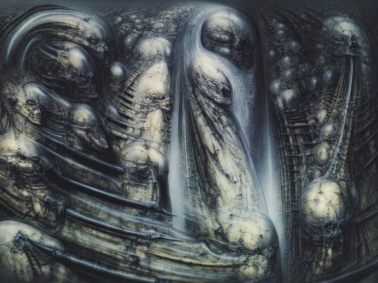 DARK BLACK COLORS. Giger_style, H. R. Giger's g1g3r, , Giger_style. Please reproduce the original image as accurately as possible, capturing the intricate details of the biomechanical structures, the dramatic lighting, and the overall sense of unease. Find...