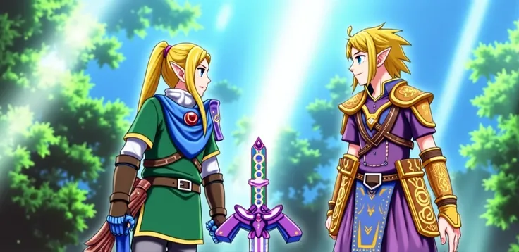 Anime King Link wearing a Massive popped collar with a collar so high it's taller than his head he's standing with his Queen Zelda