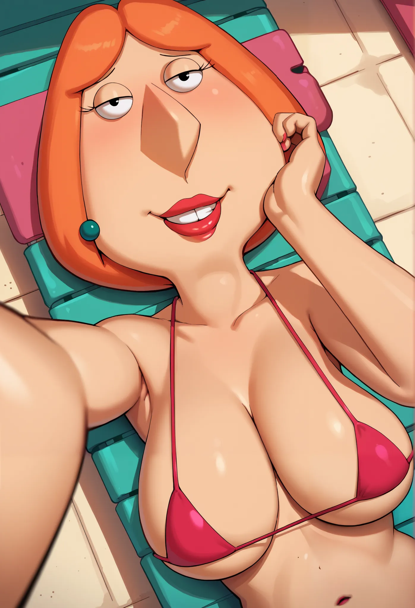 1 girl, solo, Lois Griffin, Lois Griffin from the cartoon  "Family guy”",  Orange hair, human ears, red bikini, bikini, micro bikini, red micro bikini, cleavage, lots of cleavage, busty, perky breasts, perky boobs, boobs spilling out of red bikini top, Big...