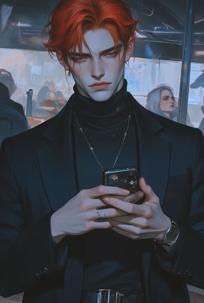     handsome man  , cafeteria ,   masterpiece ,   High quality, red hair with cascading red tips,    long hair,   long hair, beautiful place,  lip painting , 2yk style clothing ,   phone in your hands  ,  lots of anime charms on the phone ,  image in dark ...