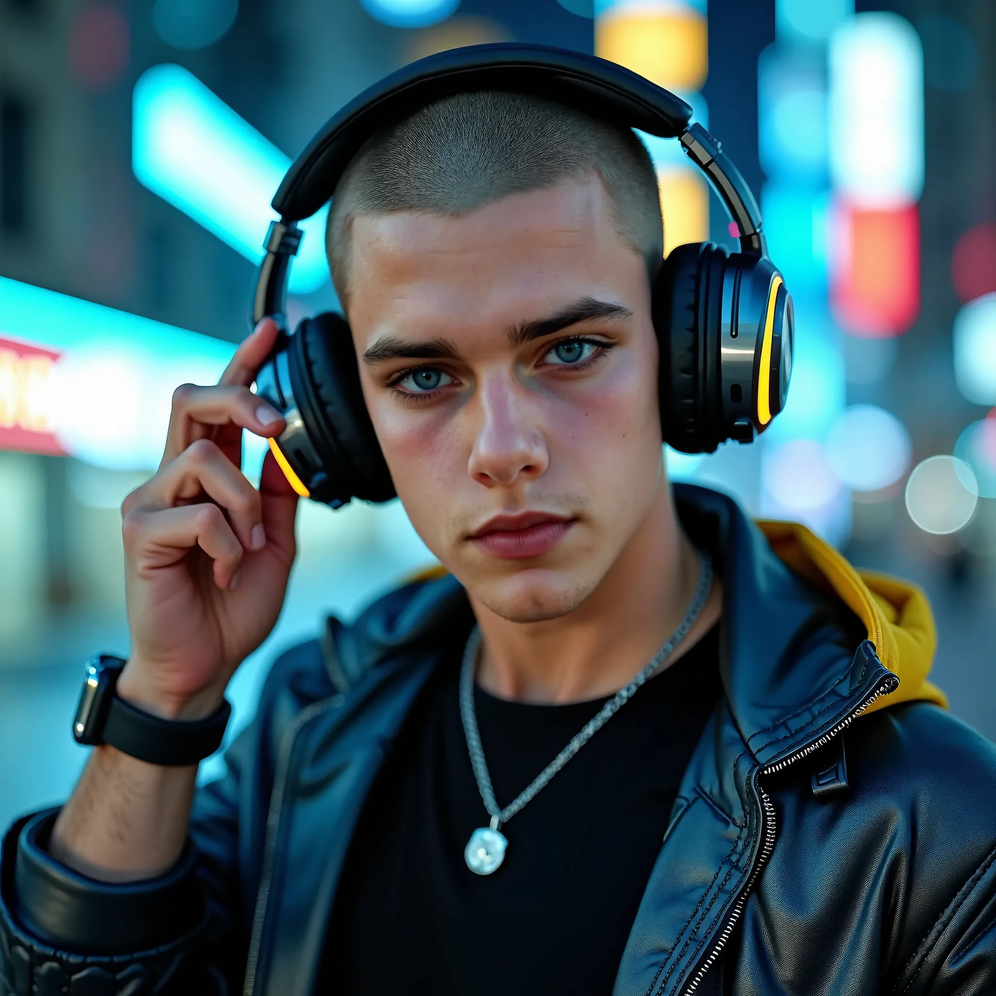 Real Photo, reality, a close portait, a 25 years old guy, shaved light brown hair, pale skin, blue eyes, badass, masculinity, virility, very beautiful guy, the most beautiful guy of the world, a black t-shirt, a metallic blue jacket with yellow details, a ...