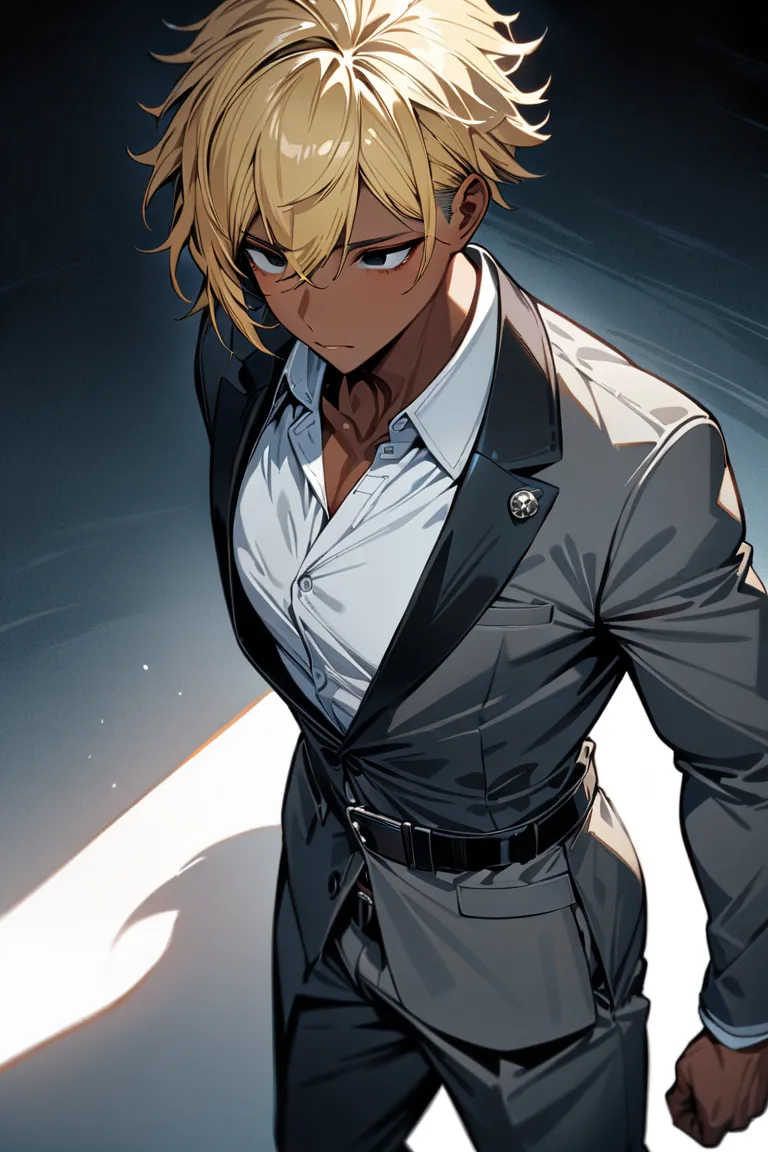 MASTERPIECE, BEST QUALITY, ULTRA DETAILED, HIGH DEFINITION, ILLUSTRATION, HYPER DETAILED, ALONE, 1 boy, thin tone, unruly blonde hair, short hair, unruly hair, black eyes, tanned skin. Outfit: white dress shirt, gray blazer, black belt, gray dress pants.