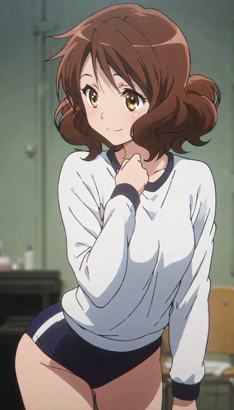 ( beautiful girl : 1.3), 1 girl,(Oumae Kumiko),(White gym clothes, Long Sleeve,Dark blue buruma, sneakers , pubic hair),smile, is embarrassing,blush, on all fours, back view,Butt, dressing room,masterpiece, best quality, super high resolution, rich contras...