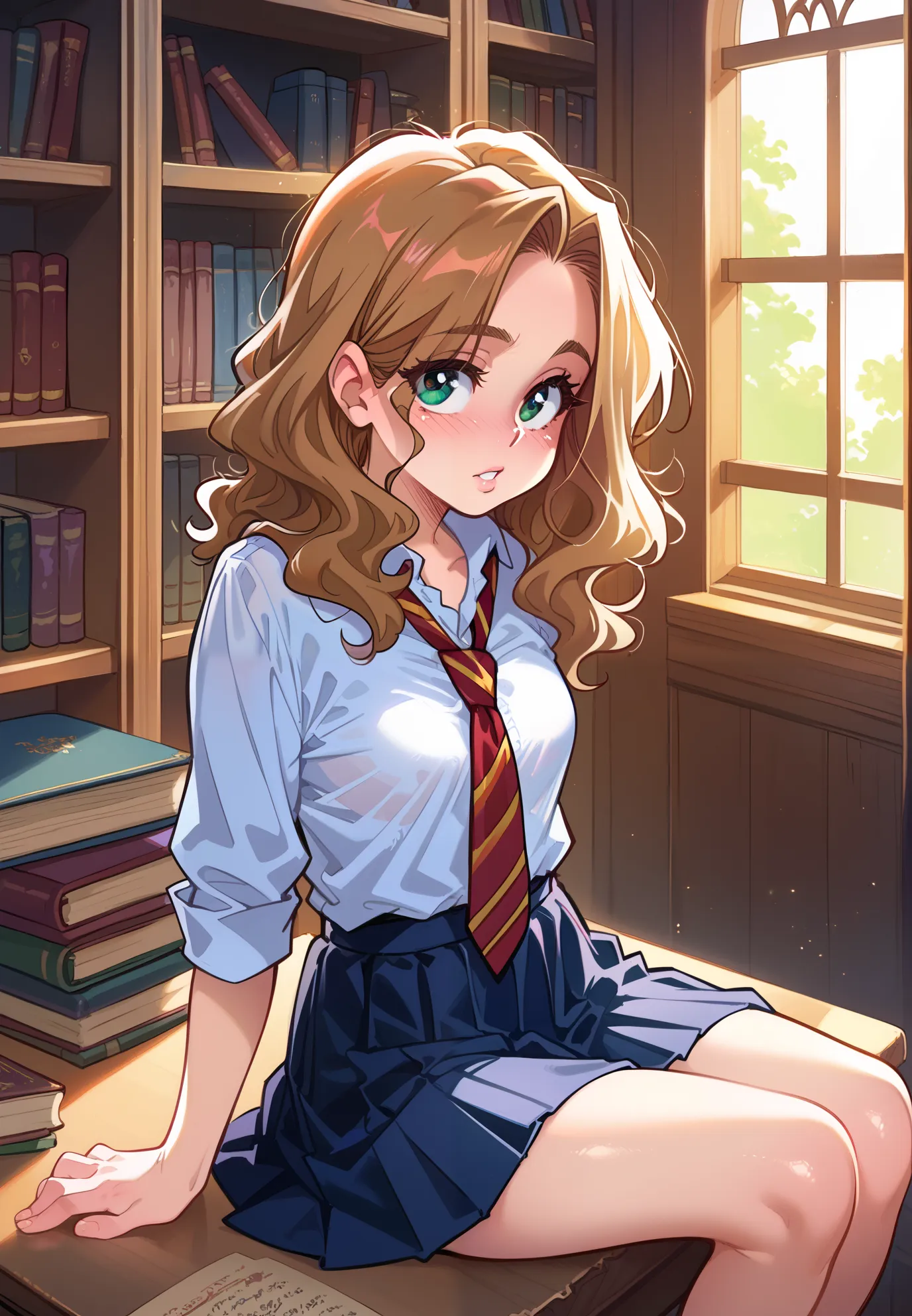 Made by melkor mancin, 1girl, solo, Hermione Granger, Harry Potter, shy, hogwarts school uniform, parted lips, naturally sagging small breasts, blush, pulling up skirt, sitting on a desk, sexy pose, BREAK, magical study filled with bookshelves, (night time...