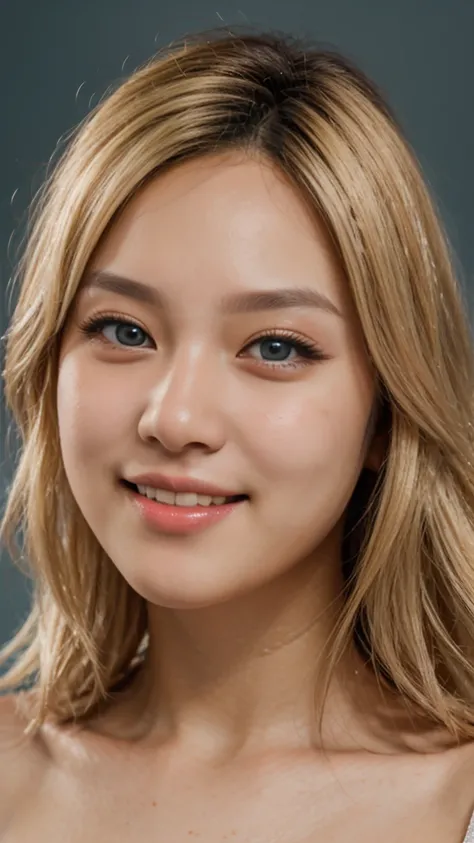 close-up angle, blonde wig, blue slant eyes, cute korean girl face, smiling girl, light make-up, 4k, ultra detail, ultra quality, ultra resolution, ultra realistic, textured skin, realistic background