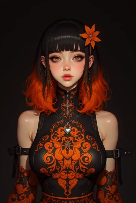 The image shows a person with shoulder-length wavy hair that fades from black to a vibrant red-orange color at the ends. They are wearing a black top featuring orange decorative leaf patterns and a heart-shaped pendant necklace. Additionally, there's a flo...