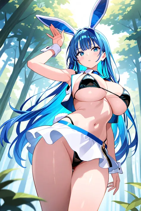 MASTERPIECE, BEST QUALITY, ULTRA DETAILED, HIGH DEFINITION, ILLUSTRATION, HYPER DETAILED, ALONE, 1 bunny girl, slender, big breasts, long blue hair, bangs, blue eyes, blue-white bunny ears, white tail. Outfit: black bikini, high leg bikini, white revealing...