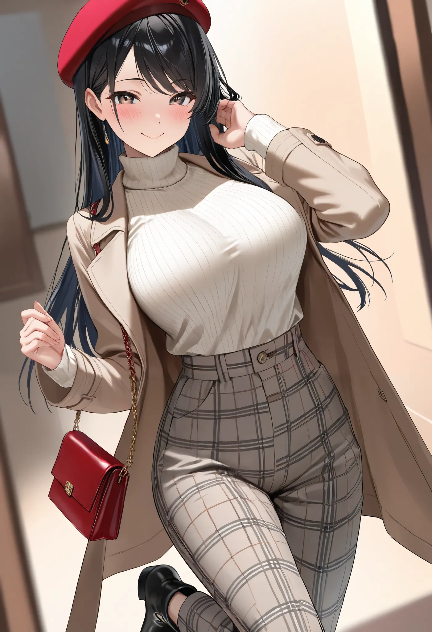 (best quality, masterpiece, ultra detailed, high resolution), Beautiful 8K CG artwork, Enriched photography, anatomically accurate body, depth of field,  1girl, elegant yet sexy girl, (long hair, black straight hair, swept bangs), 
round large breasts, bre...