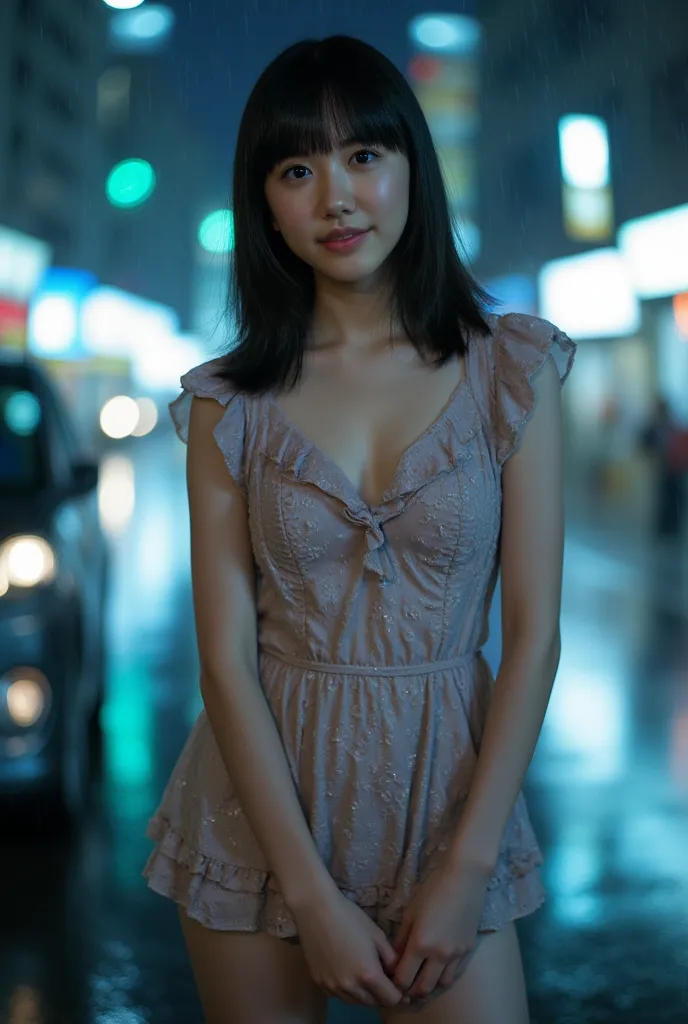  female 1 person、Asian beauty、 Japanese、 so beautiful、 facial beauty、 standing、 underwear with my clothes turned upside down、 Are Bare 、 black hair、 night city、 backlight、 the wind is blowing 、that&#39; it's raining、 thigh upshot 　tight dress wet in the ra...