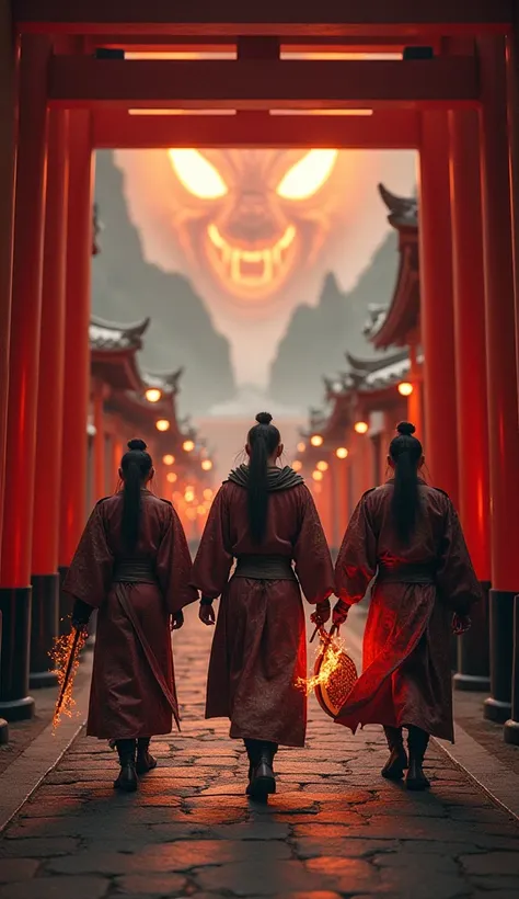 A cinematic, hyper-realistic scene at Fushimi Inari Shrine, Kyoto, where three warrior-mages, dressed in ancient Japanese battle robes with mystical engravings, advance confidently through the iconic red torii gates. Each wields a different enchanted weapo...