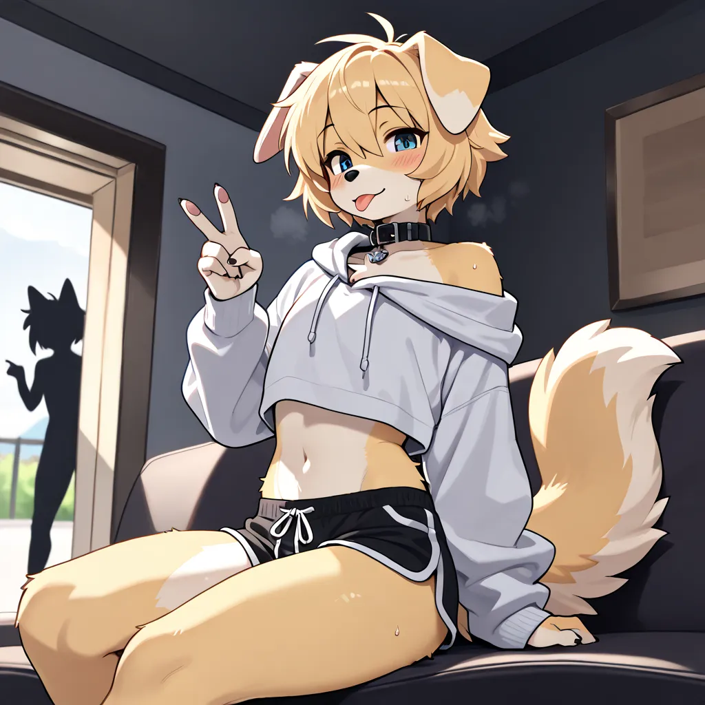 (Masterpiece, best quality:1.2), 1boy, femboy, day, feminine, dark lighting, detailed shadows, floppy ears, dog ears, dog furry, long sitting, sitting, pose, tongue out, looking at viewer, minimal clothing, medium thighs, [[medium ass:1.9]], pale golden fu...