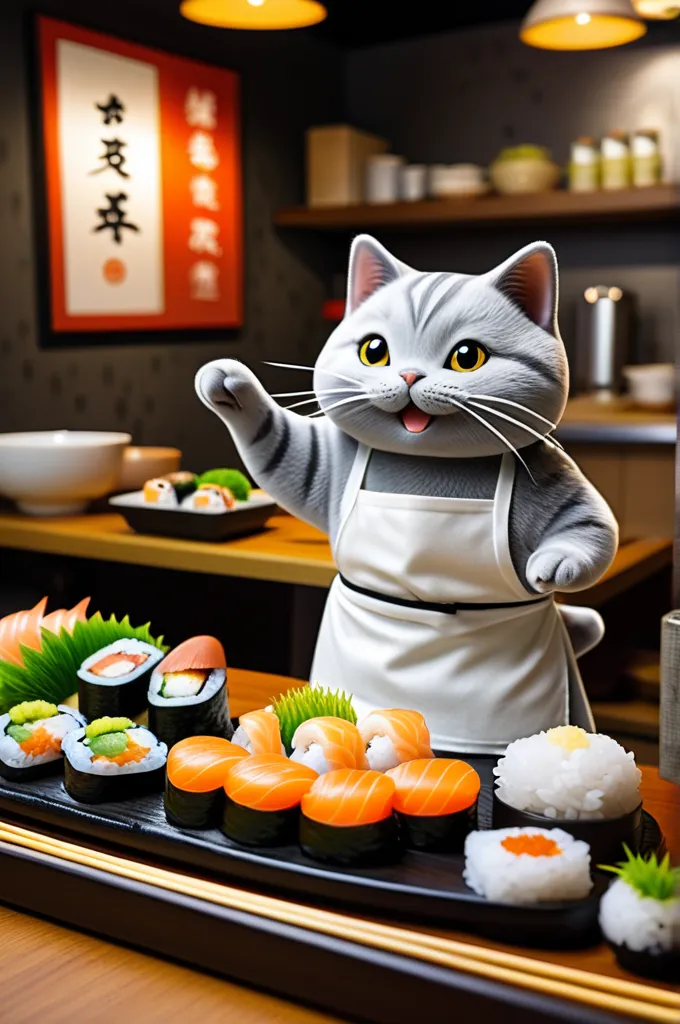  the theme is a silver cat that makes slug-shaped sushi 。 style has a conveyor belt sushi restaurant in the background 、 it looks like a silver cat wearing an apron is holding sushi with its hands so that you can see the gesture of making slugs。 has a slug...