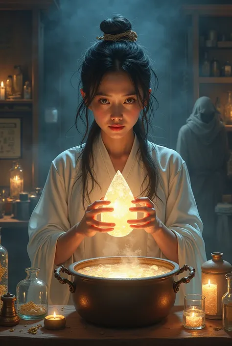 * Specific Prompt :** * Li Mei is in her laboratory ,  surrounded by glass jars that emit an ethereal light ,  each containing fragments of brilliant souls .  She holds a translucent crystal into which a newly purified soul pulses softly ,  ready to be tra...