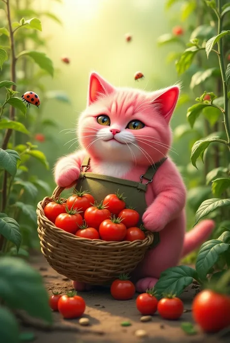  Create a scenographic image of  

" A fat, pink cat picking tomatoes in a sunny vegetable garden .  He wears a small apron and holds a basket full of ripe tomatoes. The environment is green and vibrant ,  with surrounding leaves and vines .  Some ladybugs...