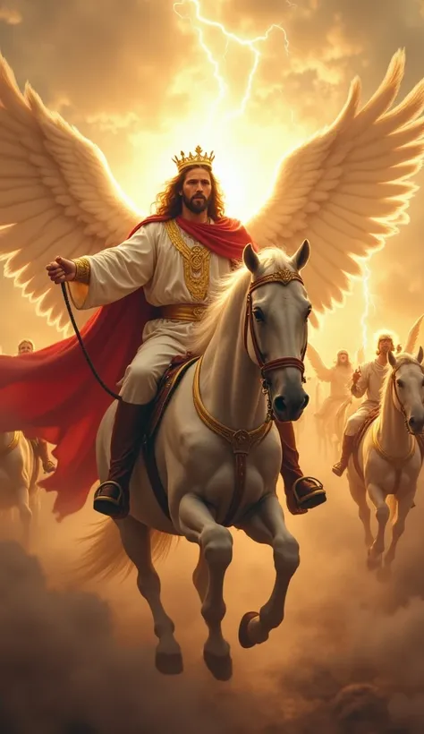  A grand and impactful scene :  Jesus Christ riding an imposing white horse , advancing through the skies.  His face reflects power and majesty ,  as described in Revelation 19 :11-16.  He wears a white robe resplendent ,  with golden details , and about h...