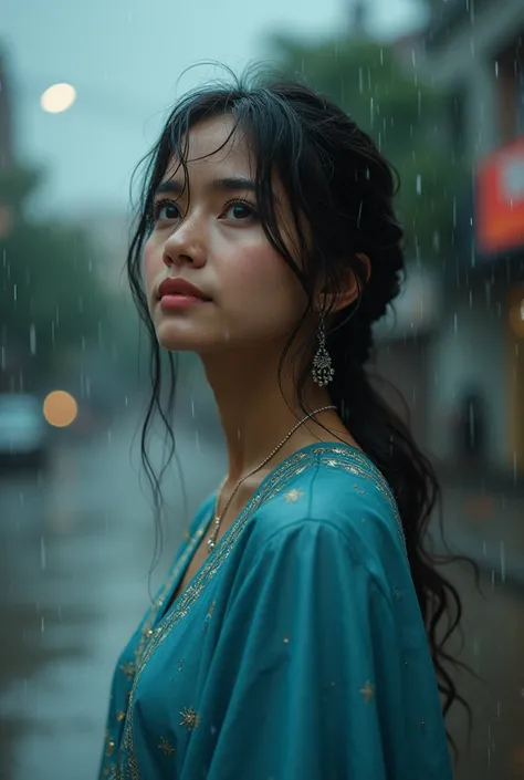 
 ((32K, top-quality:1.5, ​masterpiece, 超A high resolution, Photorealsitic)), A Pakistan's girl wearing traditional dress, 26 year old, street corner, Summer evening, (((Typhoon torrential rain))), Highly detailed facial and skin texture:1.2, ((look up sky...