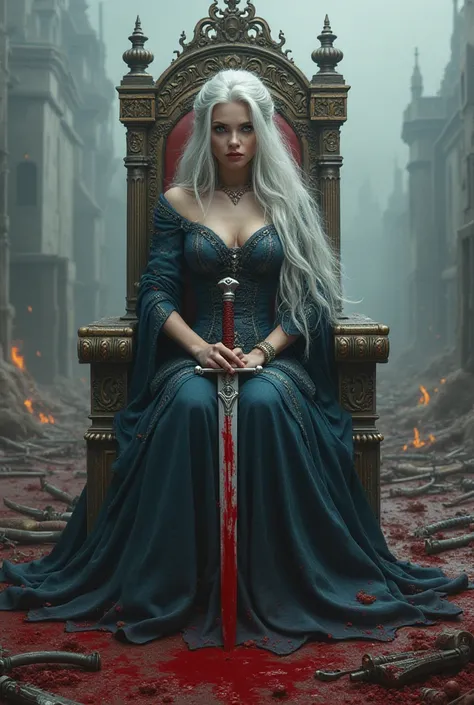  Blue eyed white haired princess sitting on a throne holding a blood-stained sword, around the earth filled with swords and blood  