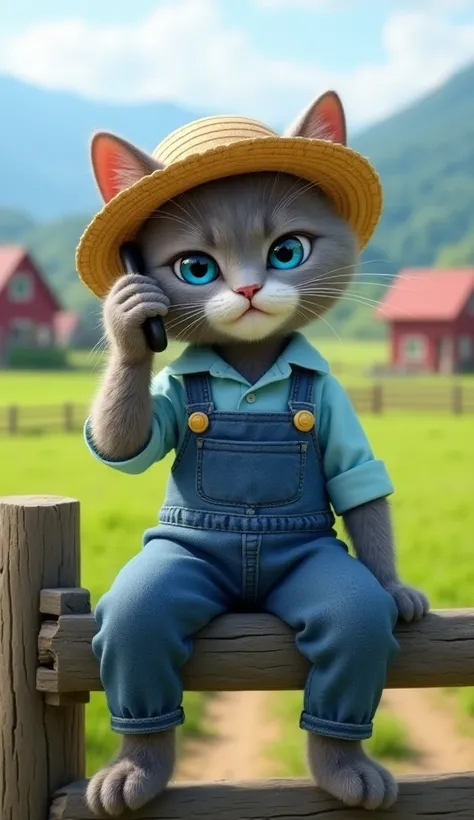 An anthropomorphized gray cat with blue eyes,  wearing a denim jumpsuit and a light blue shirt . He's wearing a straw hat and holding a smartphone to his ear,  with a serious expression . He is sitting on top of a gate. The scenery in the background shows ...