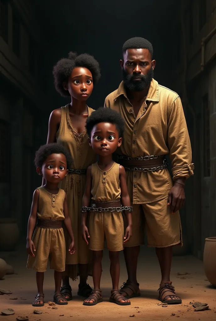 Disney Pixar movie poster for a movie called trading about a familiy of 4 black people that are being sold wearing ragged clothes