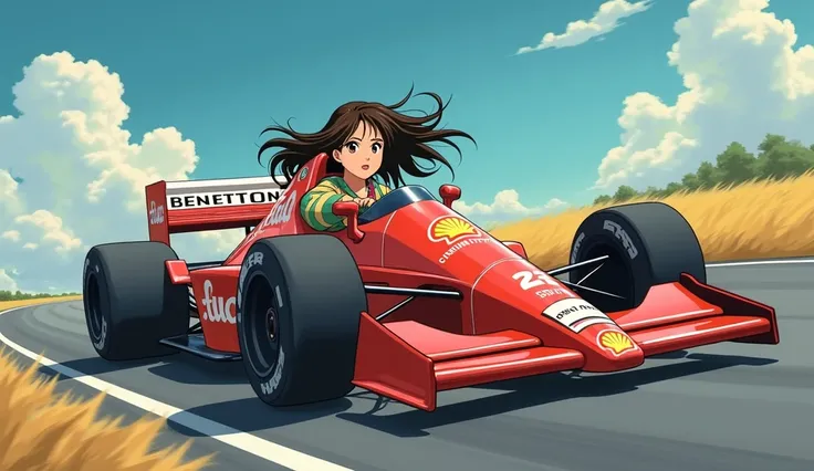  formula car、Benetton B190 、 A woman wearing a colorful sweater is driving with her hair fluttering、 Roads in the Great Outdoors 、 fun vibe 、 1990s anime