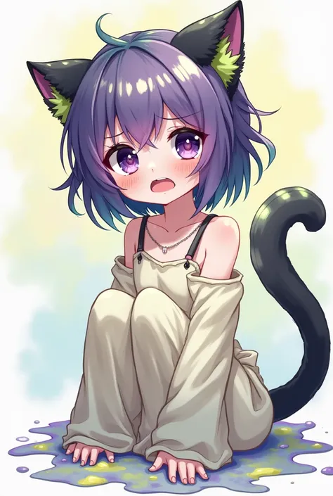 Create an anime-style girl with white skin , slightly melted short hair with purple and green color, cat ears and big fluffy tail melting too, blacks and yellow pubola,  that looks like she is melting in several colors, with a sad expression and a wide ope...