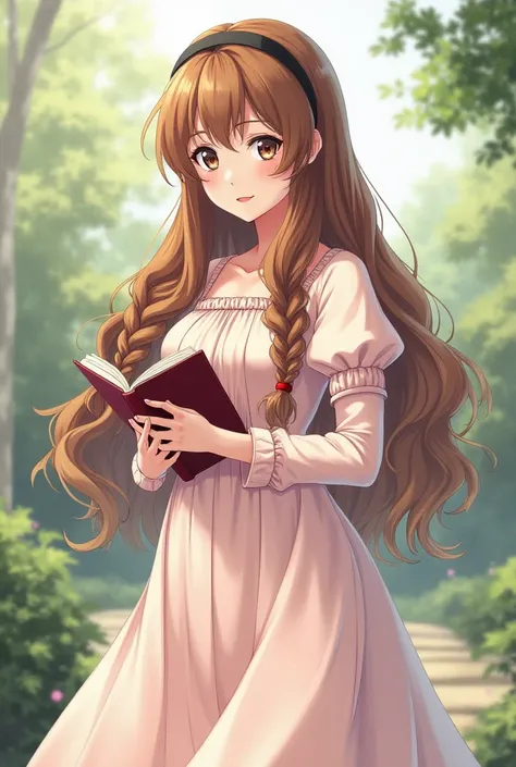 Girl with long wavy braided hazel brown hair, pastel colors, wearing a long dress, elegant dress, holding a book, fierce look, pastel colors, detailed background garden, soft colors, anime style, Soft colors. Pastel. APPROPRIATE DRESS FULLY COVERED DRESS L...