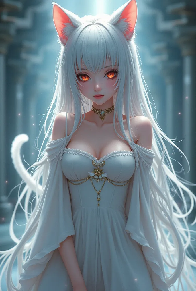  Create a half-hot human anime,She has cat ears and tail,  she has white hair ,  has a different colored eye , A closed garment .