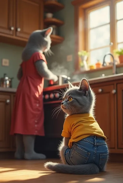 A hyper-realistic, adorable gray kitten wearing blue denim shorts and a yellow t-shirt sits attentively in a cozy kitchen, watching its mother cook. Its soft fur appears finely detailed, with individual strands visible, and its curious eyes reflect the war...