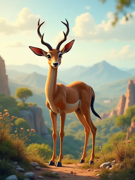 An antelope with 4 legs and a tail is found posing standing beside a landscape 