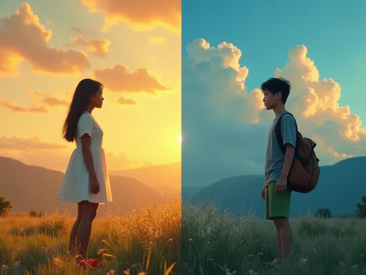 Image is a cinemat split into two vertical halves, each depicting a different time of day in a grassy field. On the left, a warm sunset scene features a young woman with dark brown skin tone and shoulder-length dark long hair, wearing a white dress and red...